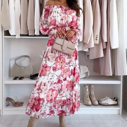 Blomsterprint to-delt sæt: Off-shoulder bluse & maxi nederdel