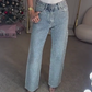 Jeans de pierna recta con strass | Tela micro-elástica con talle alto y corte ajustado