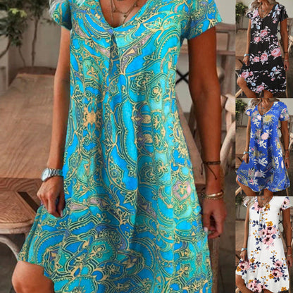 Vestido Largo Elegante de Mujer con Estampado Floral y Escote en V