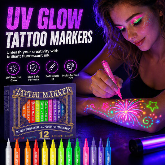 50 % DE DESCUENTO⚡Más de 50 000 unidades vendidas💕Rotuladores para tatuajes fluorescentes: seguros, se eliminan con el lavado ¡y brillan bajo luz negra! ✨🇬🇧 | Perfectos para Glastonbury, cumpleaños y mucho más.