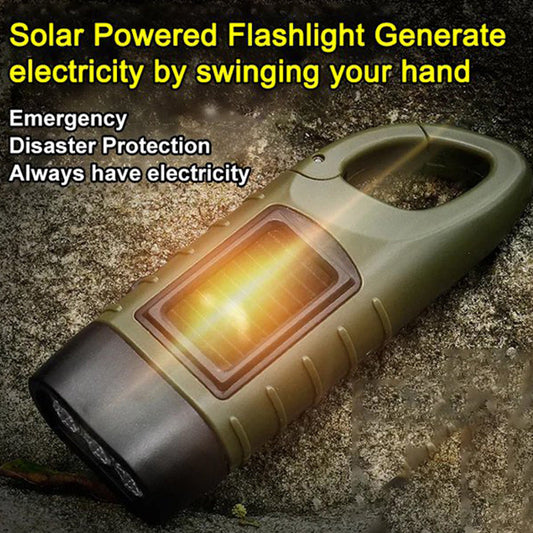 🔦 50% dto. Linterna de emergencia solar – carga solar, manivela y 3 luces LED. Con gancho compacto, perfecta para acampar y emergencias! ✨🏕️